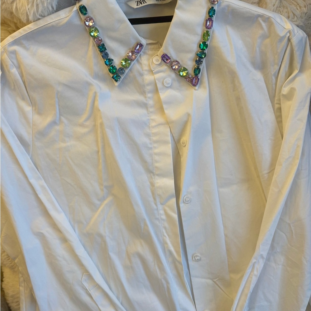 Zara White Embellished Collar button Shirt